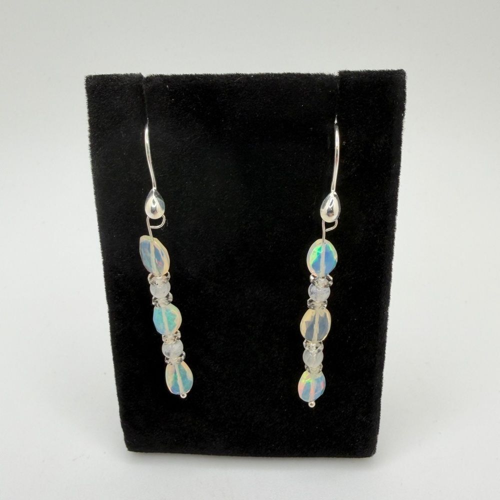 NWOT ~2.25" Faceted Opal,‎ heishi quartz and moonstone dangle earrings in 925!